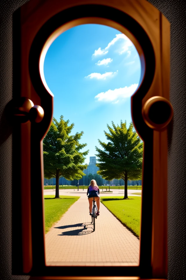 <lora:Keyhole_Art-10:0.85> keyhole_art, 1girl, riding bike in distance, city park,<lora:LCM_SD15:1.0>