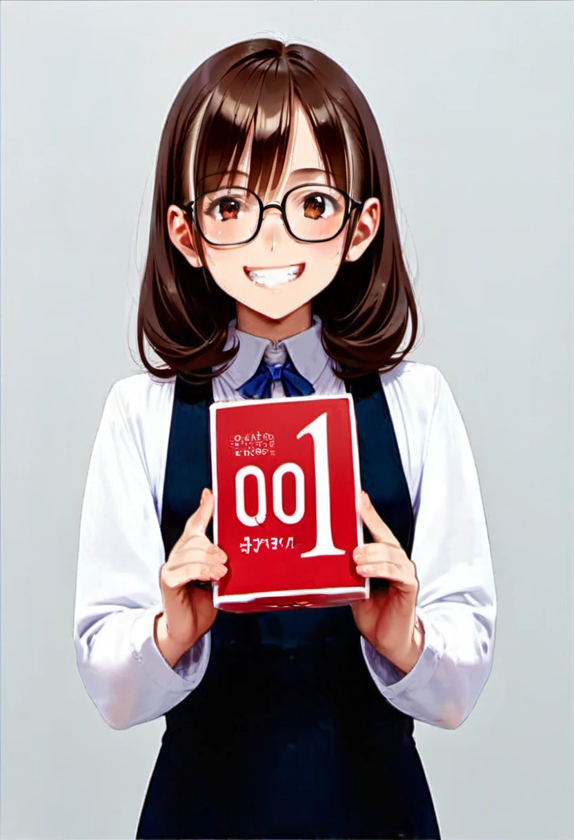 score_9, score_8_up, score_7_up, rating_safe, masterpiece, best quality, absurdres, unity 8k wallpaper, official art, official style, source_anime, game cg, megami magazine, glasses,
okamoto001, condom box, still life, 1girl, smile, brown hair, holding, teeth, upper body, looking at viewer, long sleeves, bangs, shirt, simple background, white shirt, grey background, 
 <lora:okamoto001_PONY_V2:1>