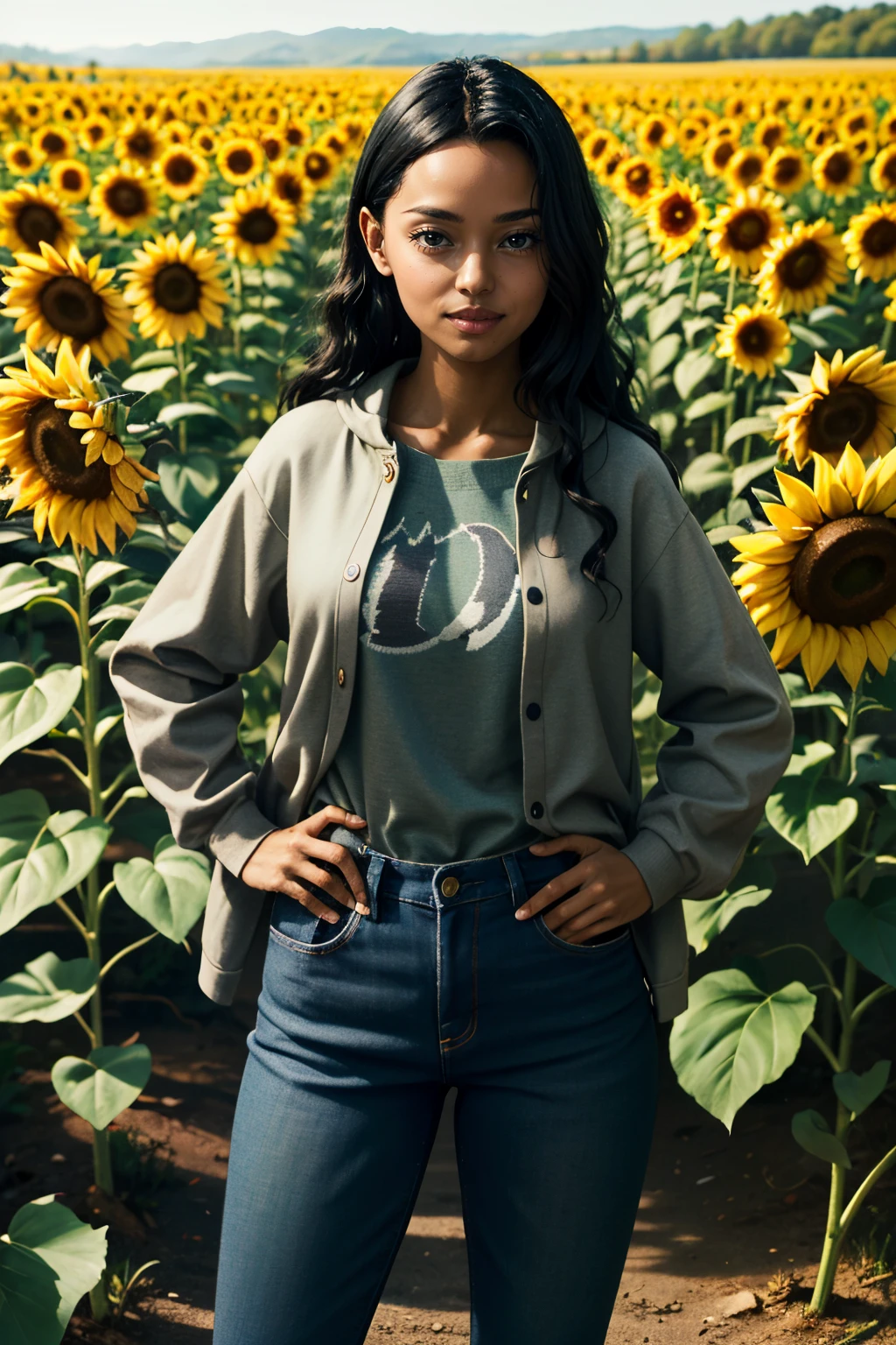 ((ultra detailed, masterpiece, absurdres))
<lora:AWSaga:0.8>
AWSaga, 1girl, very dark skin, brown eyes, black hair, long hair, looking at viewer, surrounded by sunflowers in a bright field, smiling, with hands on hips