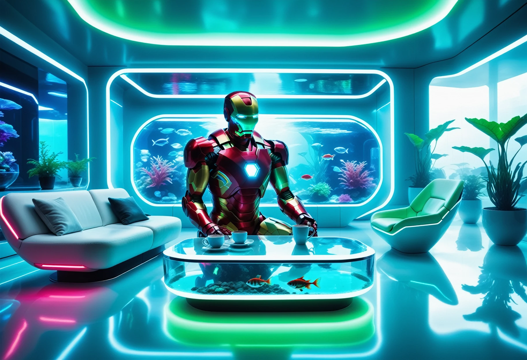 a close up of iron man drinking a coffee in a futuristic living room with a futuristic aquarium ,Neon,  Jed-NeonInt ,  <lora:FuturisticNeonInterior:0.6>