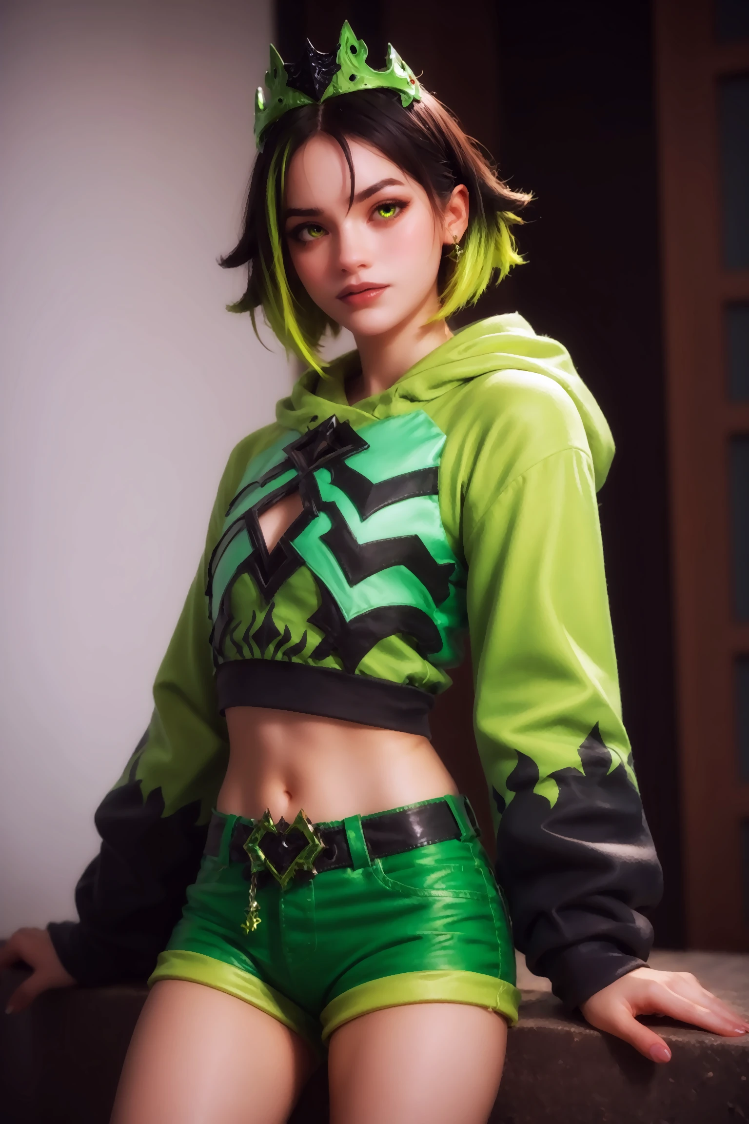 score_9, score_8_up, score_7_up, imtdpersephonefort, green eyes, green hair, black hair, two-tone hair, multicolored hair, crown, short hair, green shorts, hood, hoodie, hood down, midriff, long sleeves. rating_questionable.
