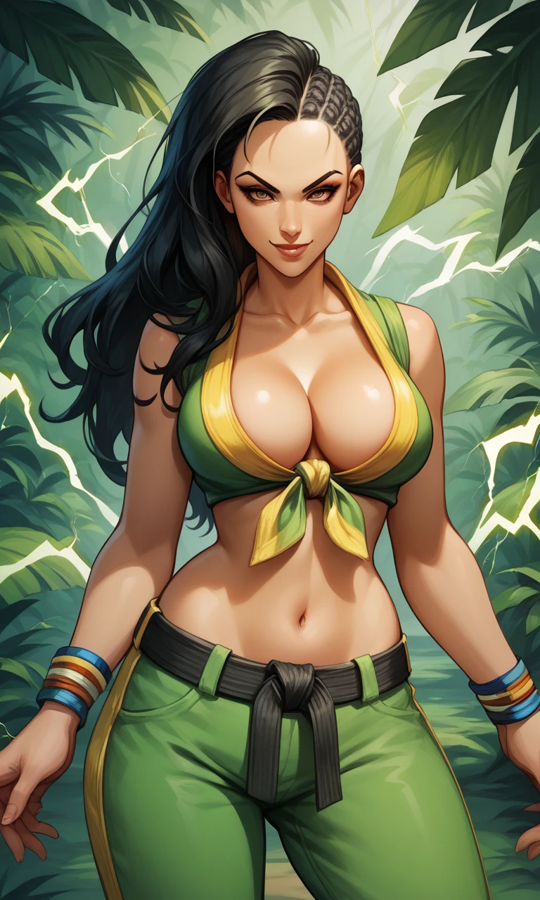 score_9, score_8_up, score_7_up, score_6_up, source_anime, BREAK masterpiece, LauraSF, asymmetrical hair, cornrows, long hair, front-tie top, large breasts, martial arts belt, green pants, seductive smile, jungle, electricity, open hands, upper body,