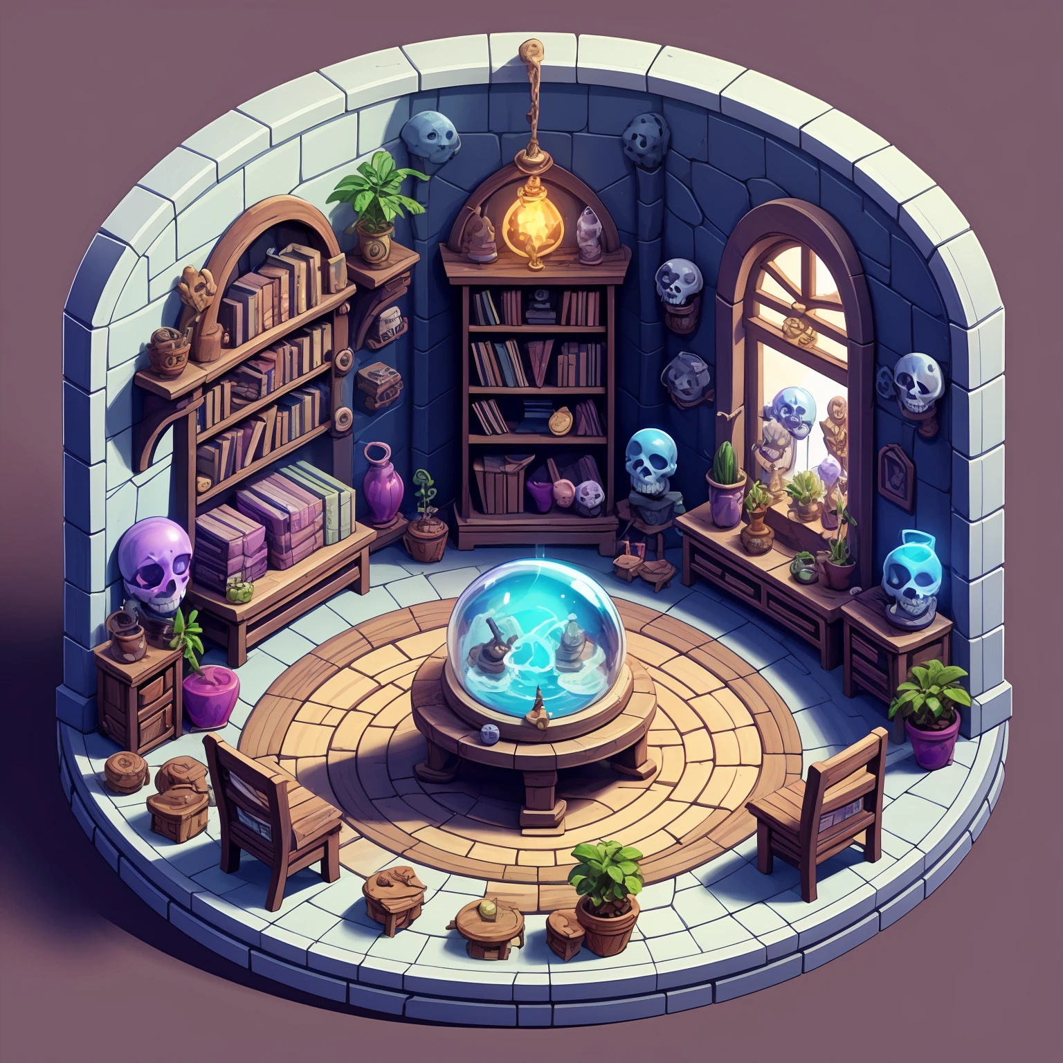 HEZI, game scene, Indoor scene, 45 degree scene, Cute style, bookshelf, book, plant, treasure chest, skull, potted plant, stairs, scenery, potion, indoors, chair, ladder, skeleton, wooden floor, water, window, no humans, desk, shelf, jar, shop, cabinet