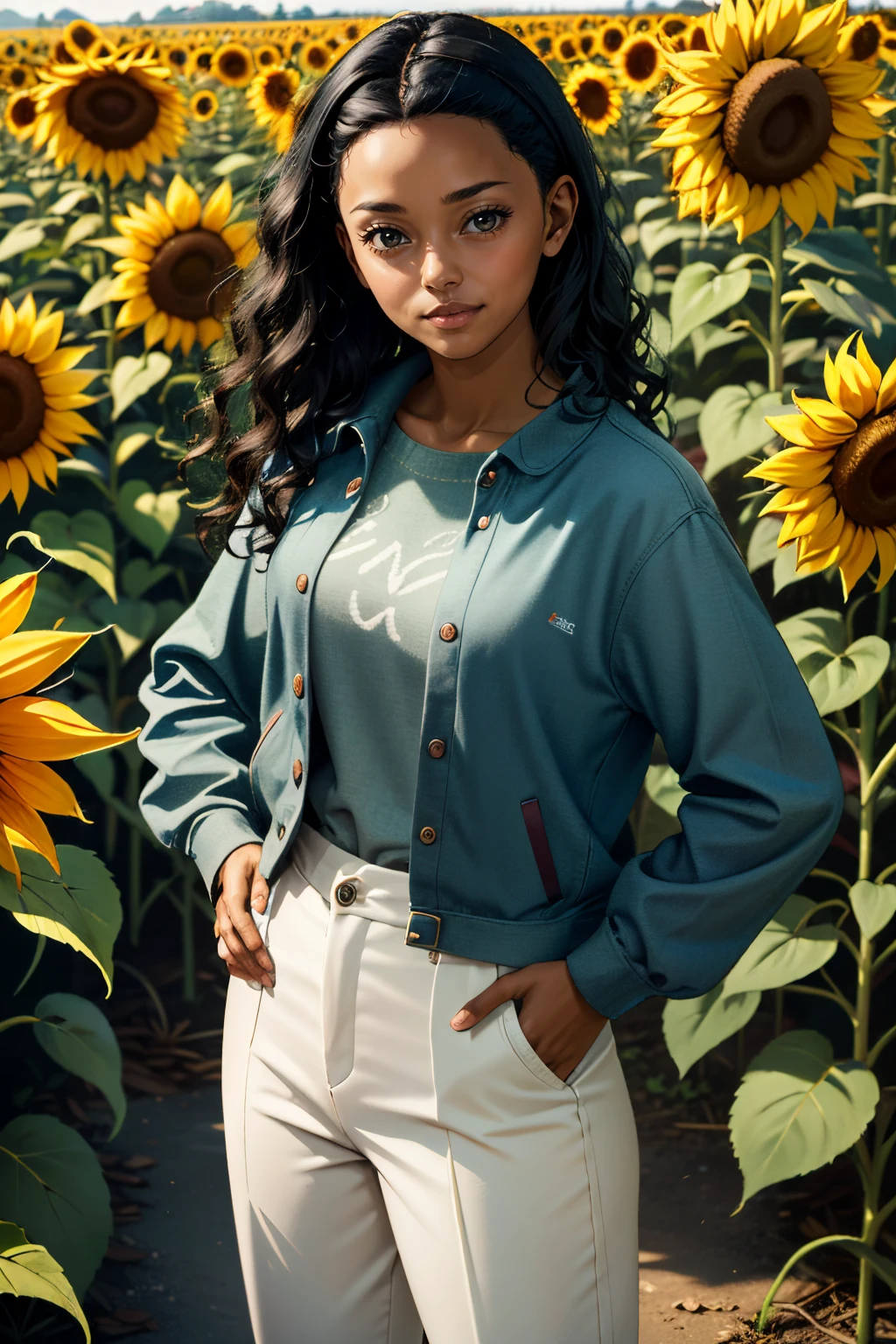 ((ultra detailed, masterpiece, absurdres))
<lora:AWSaga:0.8>
AWSaga, 1girl, very dark skin, brown eyes, black hair, long hair, looking at viewer, surrounded by sunflowers in a bright field, smiling, with hands on hips