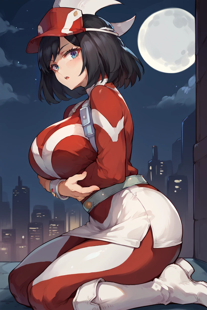 score_9, score_8_up, score_7_up, score_6_up, source_anime BREAK 1girl, solo  <lora:kodaiyui-pdxl-nvwls-v1-000005:1> kodaiyui, black hair, red visor cap, red and white bodysuit, long sleeves, belt, white skirt, white boots, big breasts, from side, night sky, moon, cityscape, looking at you, open mouth, blush, kneeling, hand on own arm