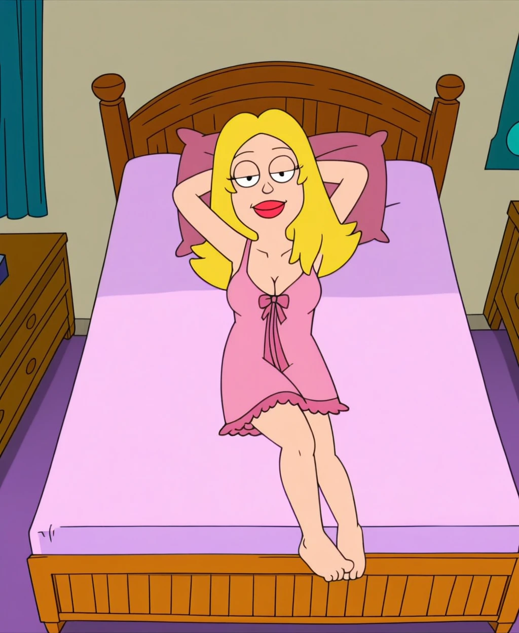 anime screencap, ADFranny, 1girl, solo, blonde hair, solo, breasts, long hair, cleavage, indoors, parody, medium breasts, pink nightgown, looking at viewer, half-closed eyes, smile, barefoot, lying on bed , on bed, bedroom, hands behind head, from above
<lora:American Dad Francine Smith_epoch_10:1>