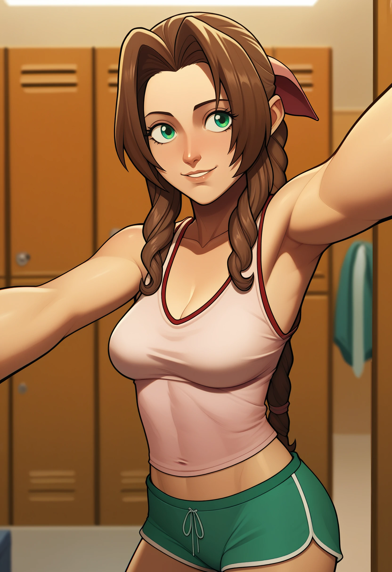 score_9, score_7_up <lora:mrpotatoparty-guy-PONY-DORAv101:1>, 1girl, solo, selfie, locker room, tank top, dolphin shorts, aerith gainsborough, selfie, breasts,