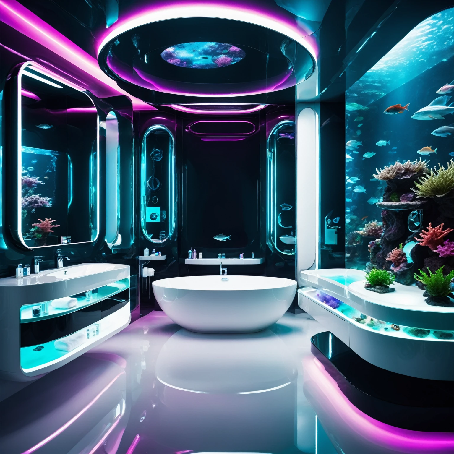 a futuristic bathroom surrounded by an aquarium , beautiful detailed, rich deep colors, beautiful, highly detailed, Jed-FutInt ,  <lora:FuturisticInteriorStyle:0.7>