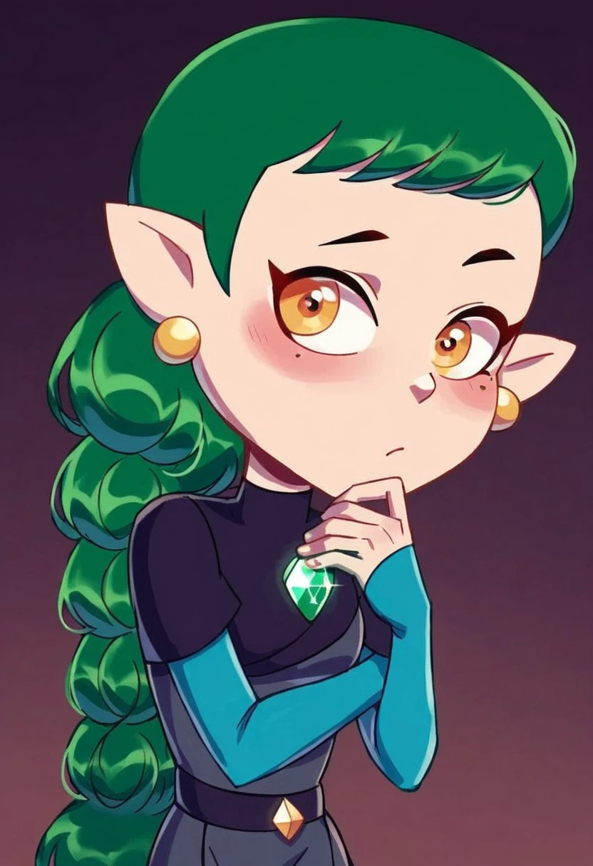 emira blight from the owl house, emerald, green hair tied in a braided ponytail, light blue sleeves and leggings, covered by a gray tunic and a small darker gray cowl and belt over it, face shape is also rounded off to a point, yellow circular earrings, pale skin, pointed ears, solo, 1girl