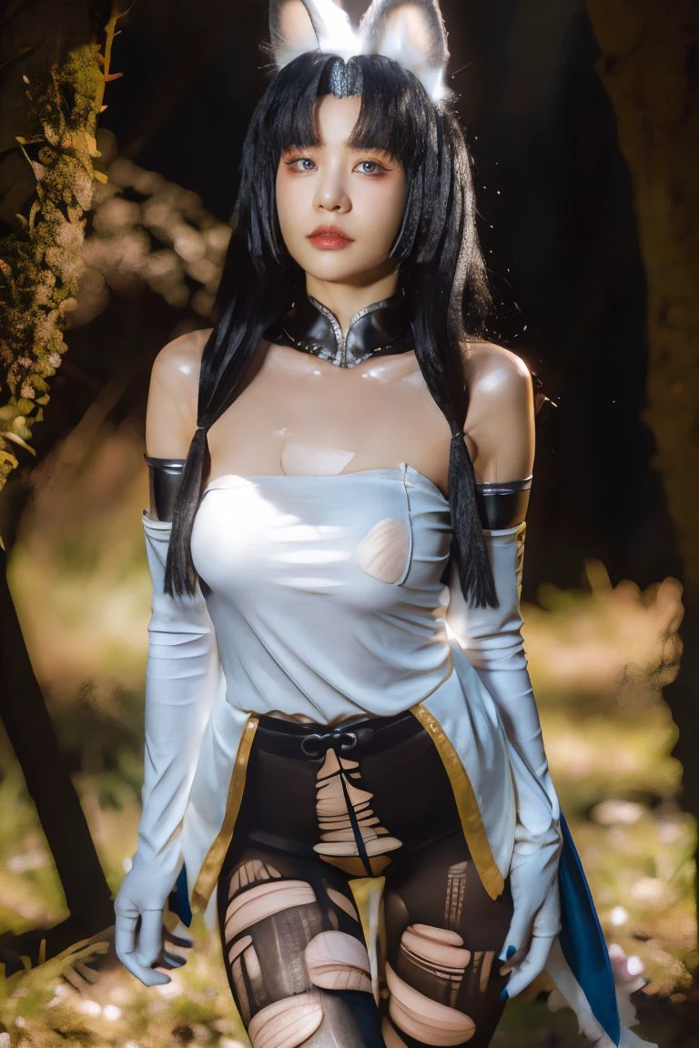 1girl, solo, medium breasts, looking at viewer, realistic, photorealistic, black hair, long hair, bangs, lips, animal ears, fox ears, blue eyes, torn pantyhose, gloves, elbow gloves, torn clothes,  hyper detailed, super sharp, crisp, smooth, smooth gradients, depth of field, (in forest: 1.1), (outdoors: 1.1), <lora:nekoyoshi_hutao:1> , <lora:breastsizeslideroffset:-0.25>, <lora:add_detail_v5:1>