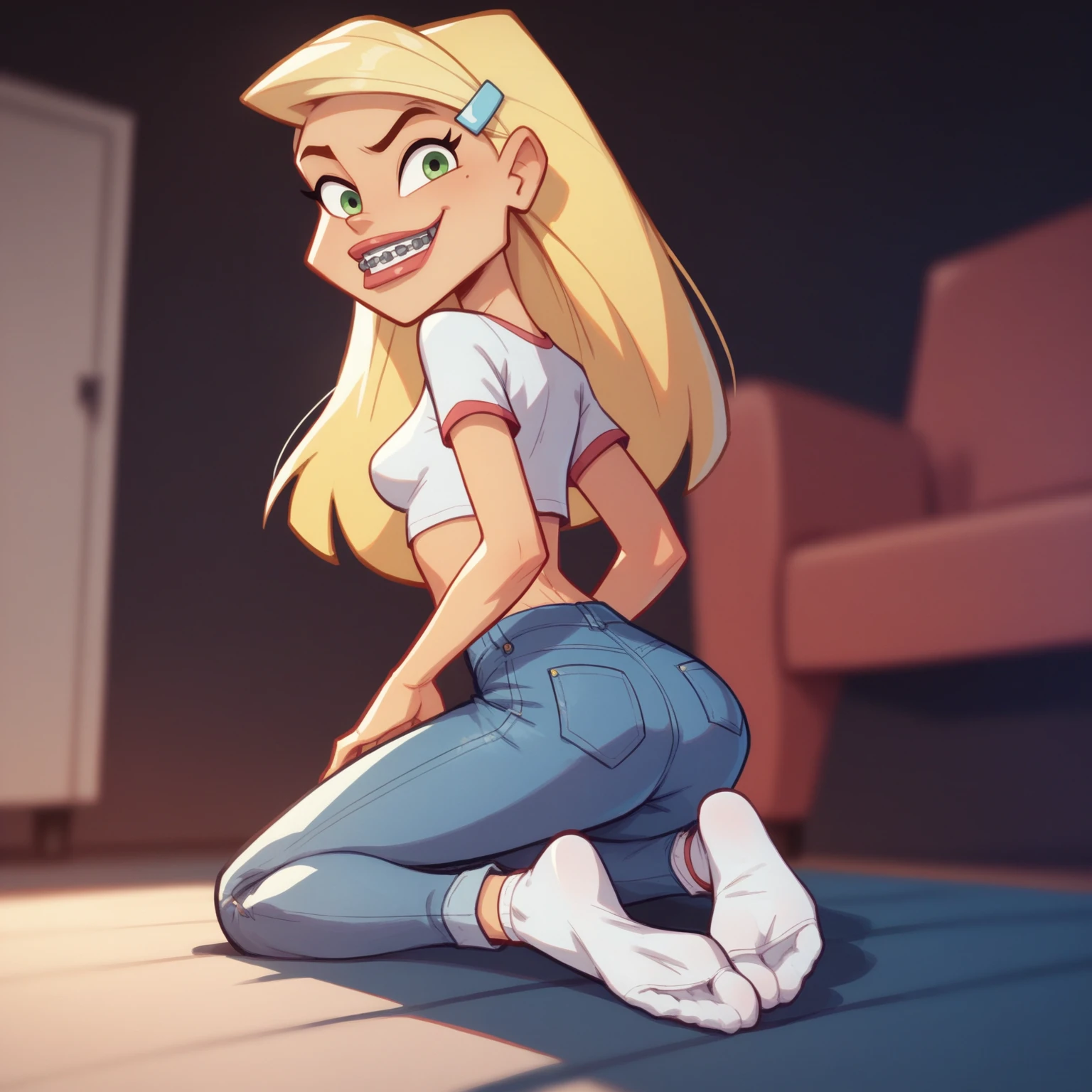 score_9, score_8_up, score_7_up, 
blonde hair, long hair, green eyes, braces, hairclip, small breasts, 
crop top, skinny jeans, white socks, short sleeves, 
dark background, living room,  
1girl, looking back at viewer, kneeling, foot focus,  
xsharonx <lora:sharonv3-000011:0.7>