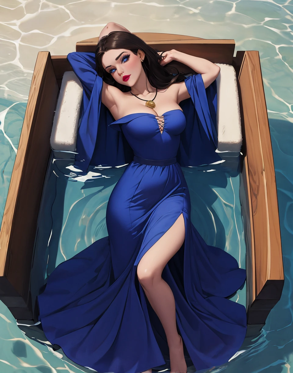 (masterpiece, best quality:1.4), insaneres, absurdres, solo, looking at viewer, BREAK 
BlueDress_Vanessa_ownwaifu,  
1girl, blue eyes, brown hair, long hair, narrow waist, shell necklace, makeup, lipstick, jewelry, necklace, red lips, medium breasts, pendant, eyeshadow, mature female, 
blue dress, cleavage, bare shoulders, long skirt, long dress, off shoulder, blue cape, cloak, off-shoulder dress, strapless dress,
(lying on water, on back, arms behind head), bathtub, petals on liquid, caustics, full body, outdoors,<lora:CARTOON_LittleMermaid_Vanessa_ownwaifu:0.6>, depth of field