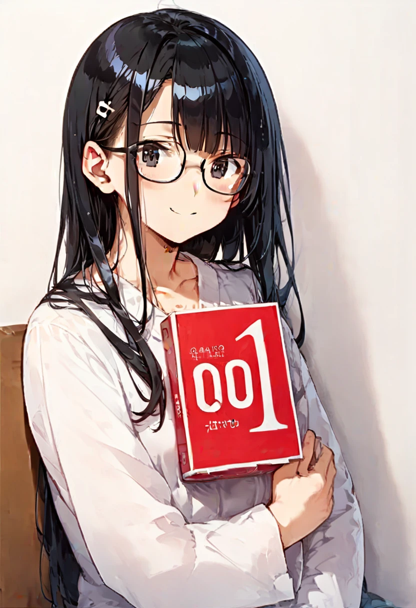 score_9, score_8_up, score_7_up, rating_safe, masterpiece, best quality, absurdres, unity 8k wallpaper, official art, official style, source_anime, game cg, megami magazine, 
1girl, glasses, long hair, black hair, black eyes, looking at viewer, shirt, holding, okamoto001, condom, still life,  condom box, 
 <lora:okamoto001_PONY_V2:1>