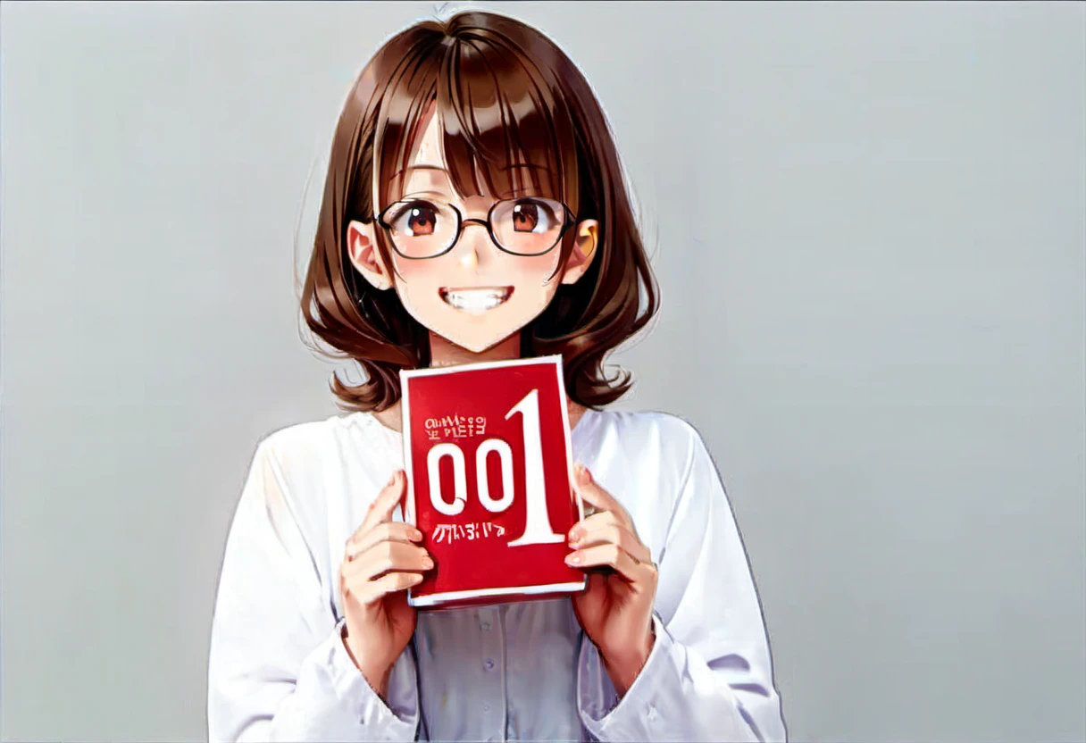 score_9, score_8_up, score_7_up, rating_safe, masterpiece, best quality, absurdres, unity 8k wallpaper, official art, official style, source_anime, game cg, megami magazine, glasses,
okamoto001, condom box, still life, 1girl, smile, brown hair, holding, teeth, upper body, looking at viewer, long sleeves, bangs, shirt, simple background, white shirt, grey background, 
 <lora:okamoto001_PONY_V2:1>