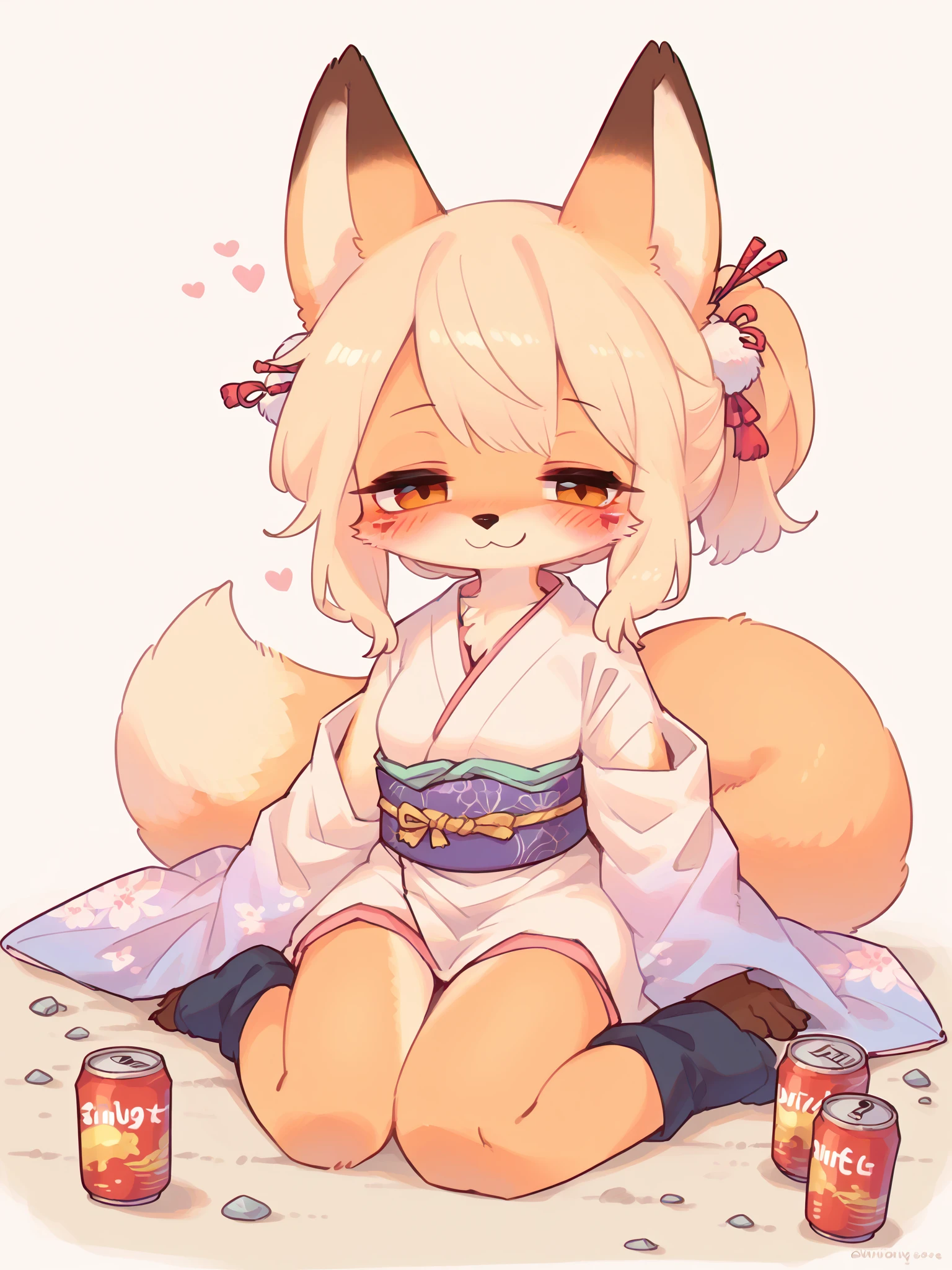 score_9, score_8_up, score_7_up, score_6_up, score_5_up, score_4_up, source_furry, source_anime, rating_safe, embedding:zPDXL2,
furry, kemono, 1girl, fox girl, blush, drunken, cans, sitting on ground, kimono, simple background, looking at viewer, half closed eyes, smile,