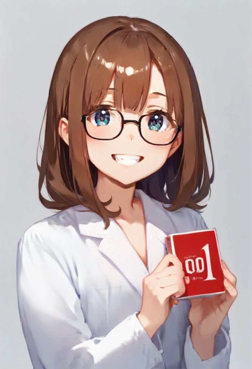 score_9, score_8_up, score_7_up, rating_safe, masterpiece, best quality, absurdres, unity 8k wallpaper, official art, official style, source_anime, game cg, megami magazine, glasses,
okamoto001, condom box, still life, 1girl, smile, brown hair, holding, teeth, upper body, looking at viewer, long sleeves, bangs, shirt, simple background, white shirt, grey background, 
 <lora:okamoto001_PONY_V2:1>