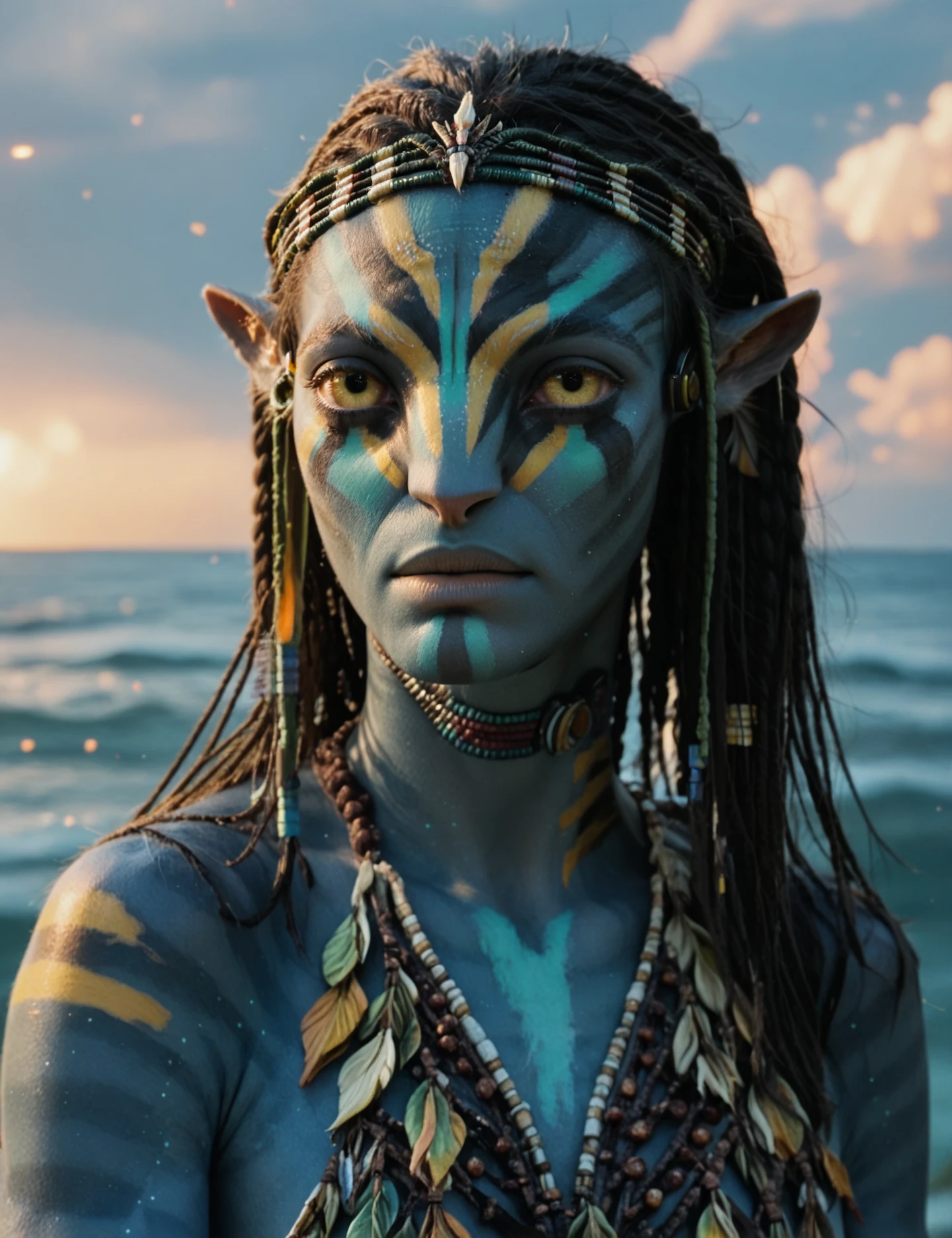 portrait, 1girl, looking at the viewer, war paint,  sky background, sea, headwear, pointed ears<lora:Neytiri:1> neytiri, score_9, score_8_up, score_7_up, score_6_up