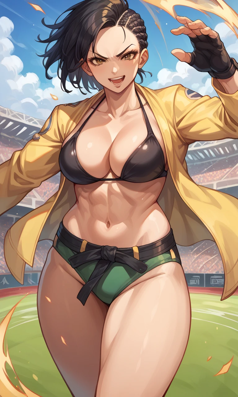 score_9, score_8_up, score_7_up, score_6_up, source_anime, BREAK masterpiece, LauraBattle, asymmetrical hair, short hair, cornrows, black bikini, green sports panties, yellow open jacket, mma gloves, fighting stance, seductive smile, open mouth, cowboy shot, looking at viewer,mature female stadium
