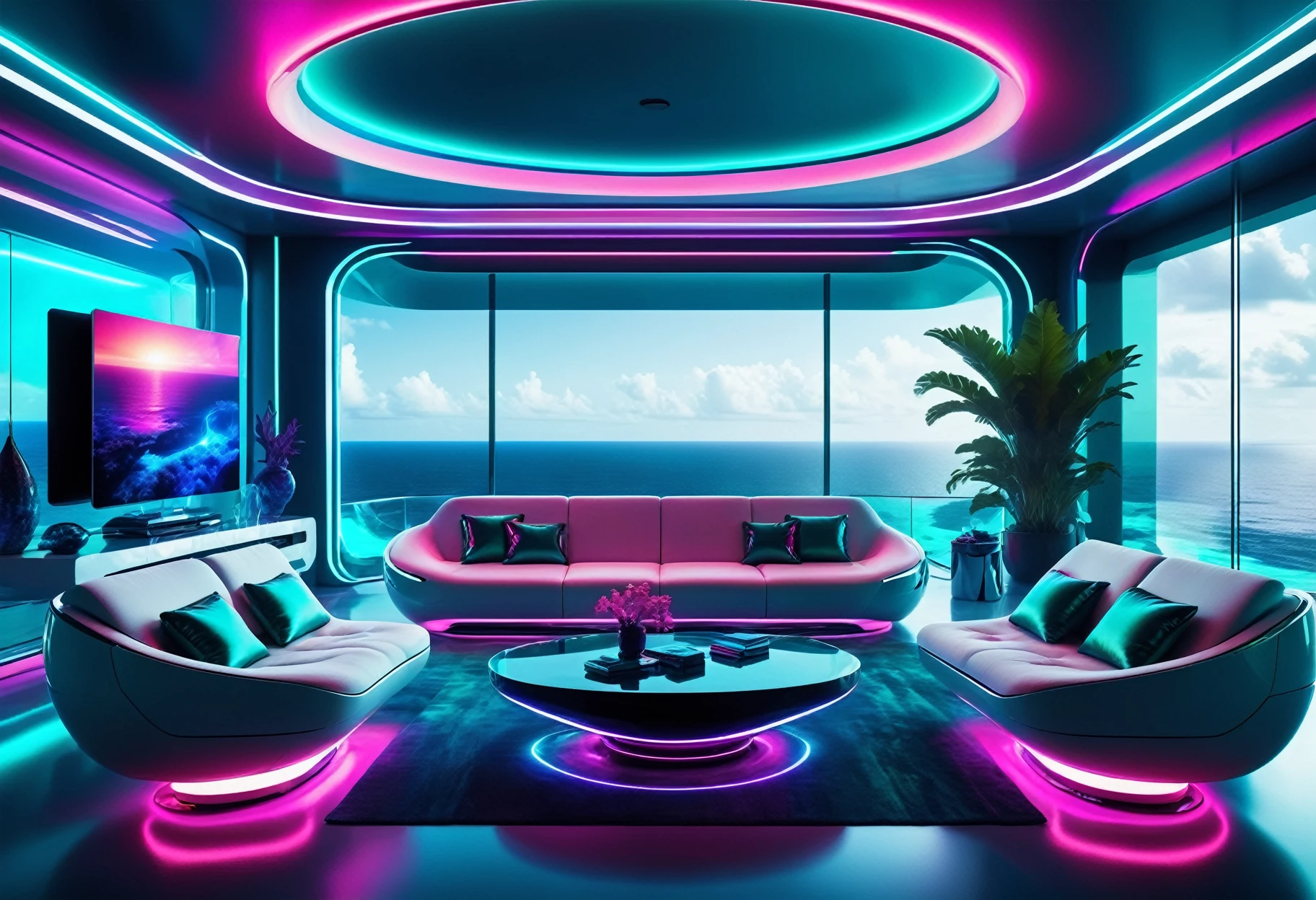 a futuristic living room surrounded by an ocean view, beautiful detailed, rich deep colors, beautiful, highly detailed, Jed-NeonInt, neon,   <lora:FuturisticNeonInterior:0.5>