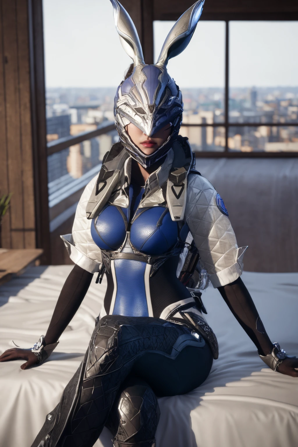 <lora:GC_bunny:0.8>,TFD_bunny,GC_bunny,1girl,solo,mask,cowboy shot,A woman sitting on a bed with one leg crossed over the other, leaning back on her hands.,, edge quality,perspective silhouette,8k,best quality,masterpiece,extremely detailed,rule of thirds,photorealistic,superb,HDR,high resolution,sharp focus,photorealistic rendering,extremely detailed description,professional,gorgeous and intricate detail,