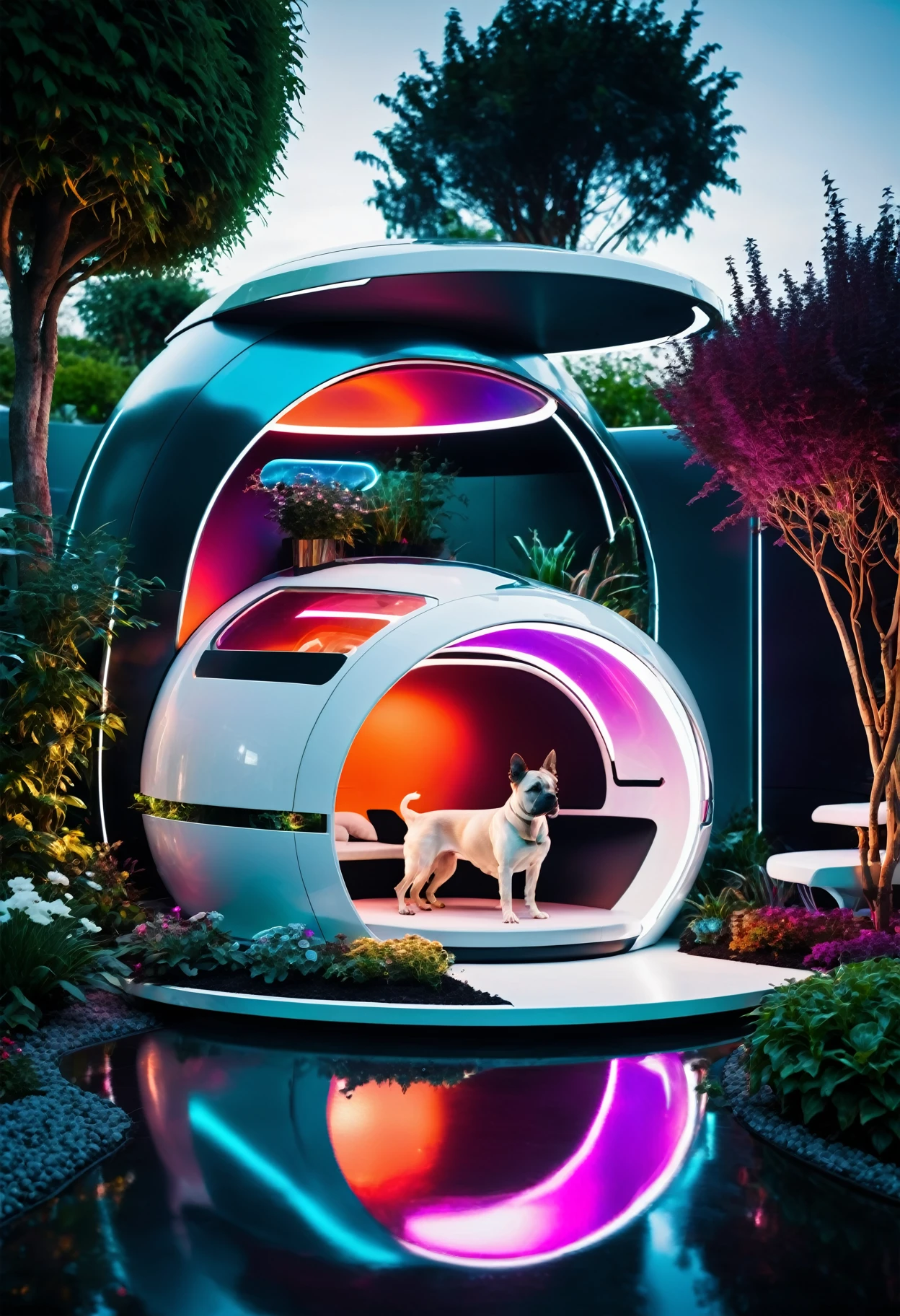 a futuristic doghouse in a futuristic garden  , beautiful detailed, rich deep colors, beautiful, highly detailed, Jed-FutInt ,  <lora:FuturisticInteriorStyle:0.7>