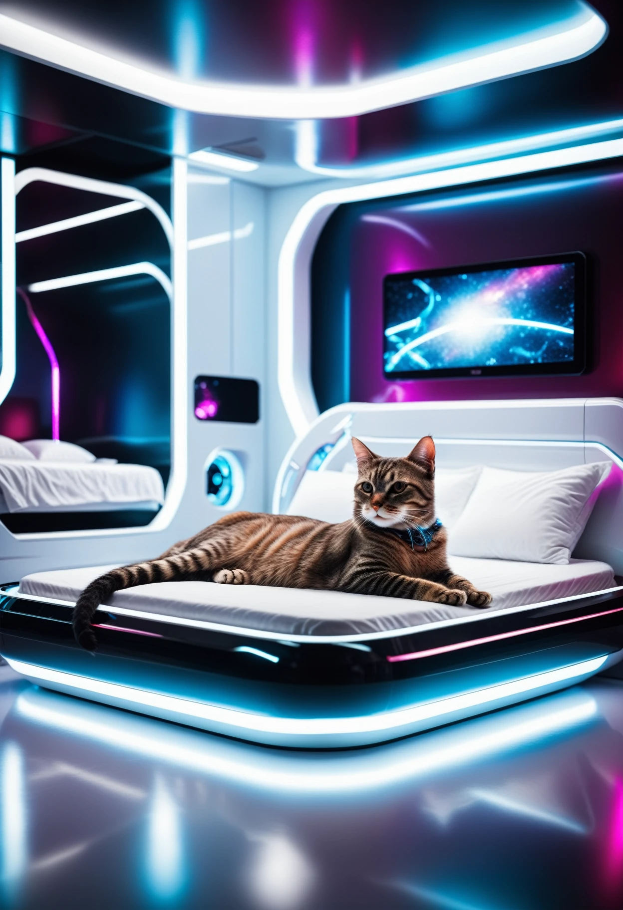 a close up of a cat laying on a bed in a futuristic bed room , beautiful detailed, rich deep colors, beautiful, highly detailed, Jed-FutInt,  <lora:FuturisticInteriorStyle:0.7>