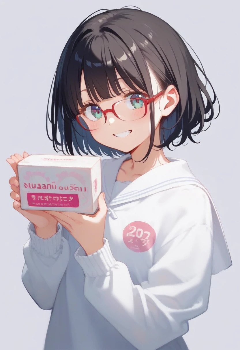 score_9, score_8_up, score_7_up, rating_safe, masterpiece, best quality, absurdres, unity 8k wallpaper, official art, official style, source_anime, game cg, megami magazine,  glasses,
1girl, smile, black hair, holding, upper body, looking at viewer, long sleeves, bangs, white shirt,
sagami002_20, text focus, still life, simple background, white background, condom box
 <lora:sagami_original_PONY_V2:0.8>