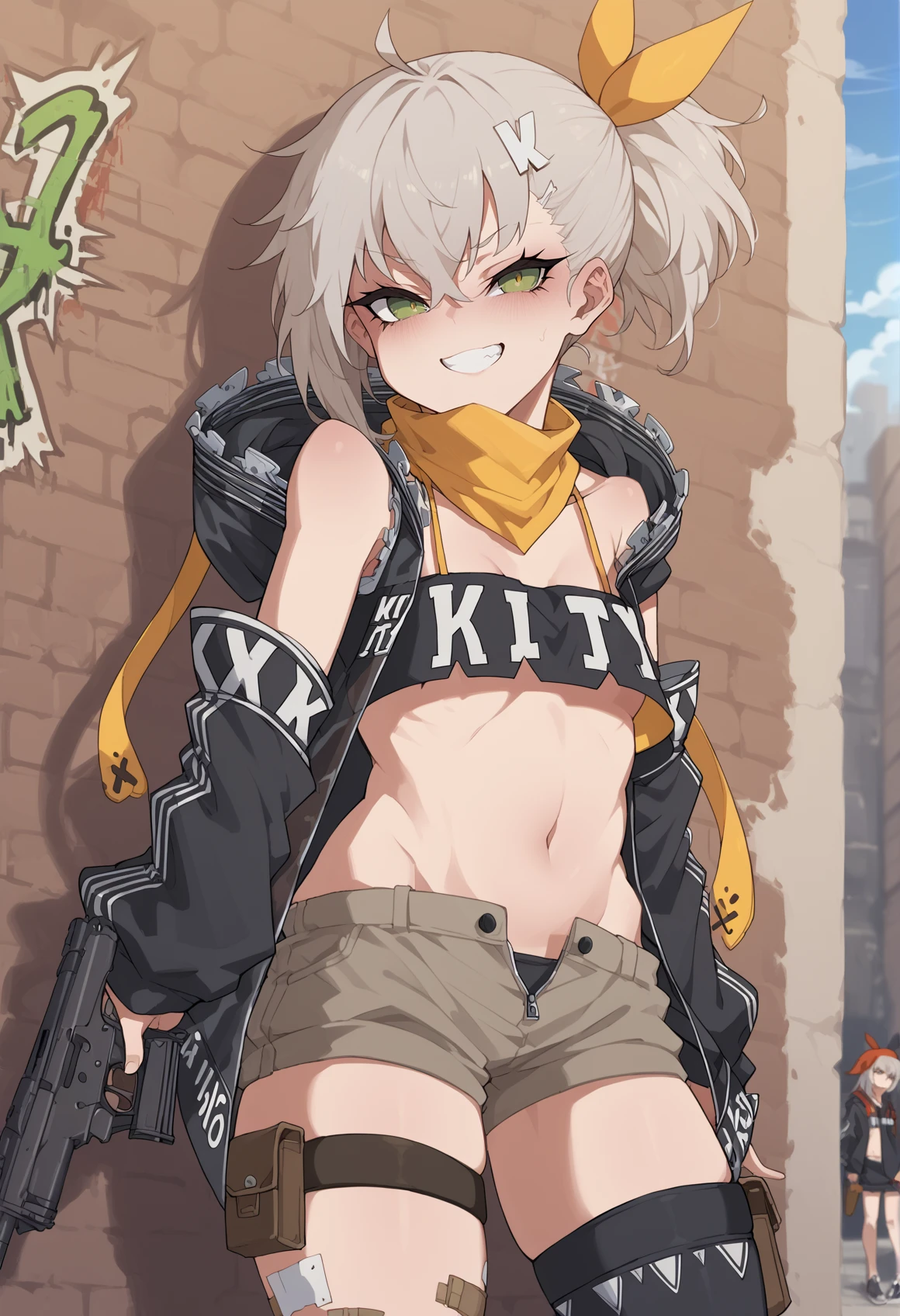 1girl, dark skin, grey hair, green eyes, ponytail, hair ornament, ribbon, bandana, bandana around neck, bandeau, clothes writing, detached sleeves, hoodie, hood, bare shoulders, shorts, unzipped, asymmetrical legwear, thigh strap, thigh pouch, knee pads, holding weapon, submachine gun, smile, outdoors, city, graffiti <lora:Klin_FGL:1> <lora:KakureEriaPDXL-(jack cat) :1>, score_9, score_8_up, score_7_up, score_6_up, score_5_up, score_4_up, BREAK source_anime, masterpiece