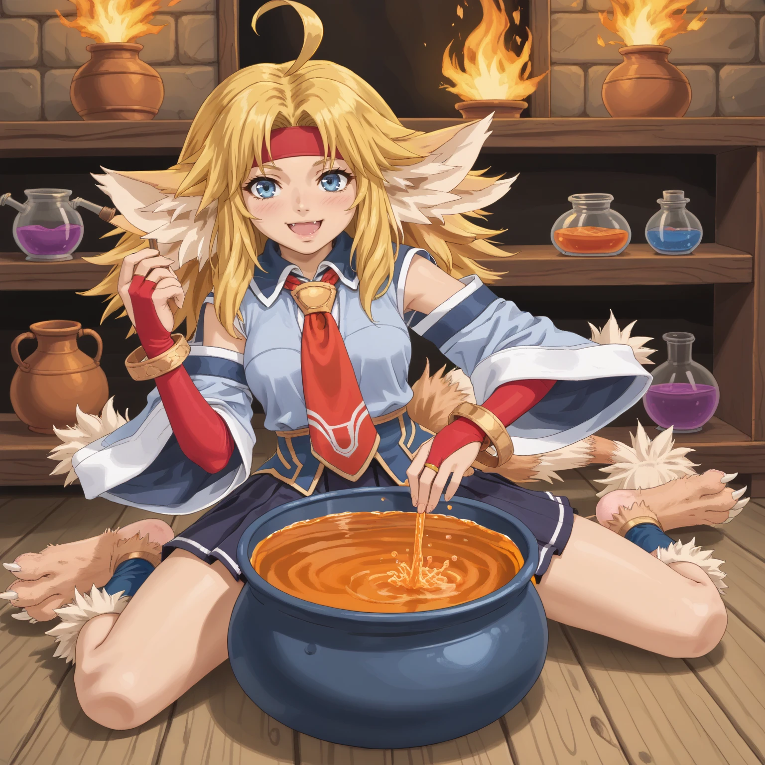 1girl, alchemy lab, pouring powder into cauldron, cauldron, fire, shelves with vials <lora:NikkiXLpony:1> Nikki, beastgirl, blonde hair, ahoge, red headband, blue eyes, fang, animal ears, animal tail, necktie, school uniform, bracelets, elbow fingerless gloves, pleated skirt, blue leg warmers, fur trim, barefoot, animal feet, foot claws,