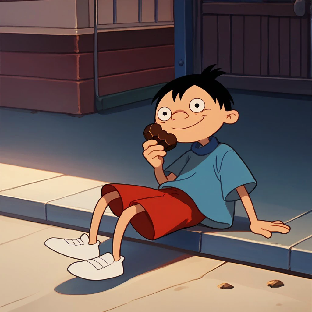 score_9, score_8_up, score_7_up BREAK ChocoboyHA, 1boy, black hair, black eyes, blue shirt, red shorts, white shoes, holding chocolates, smiling at viewer,