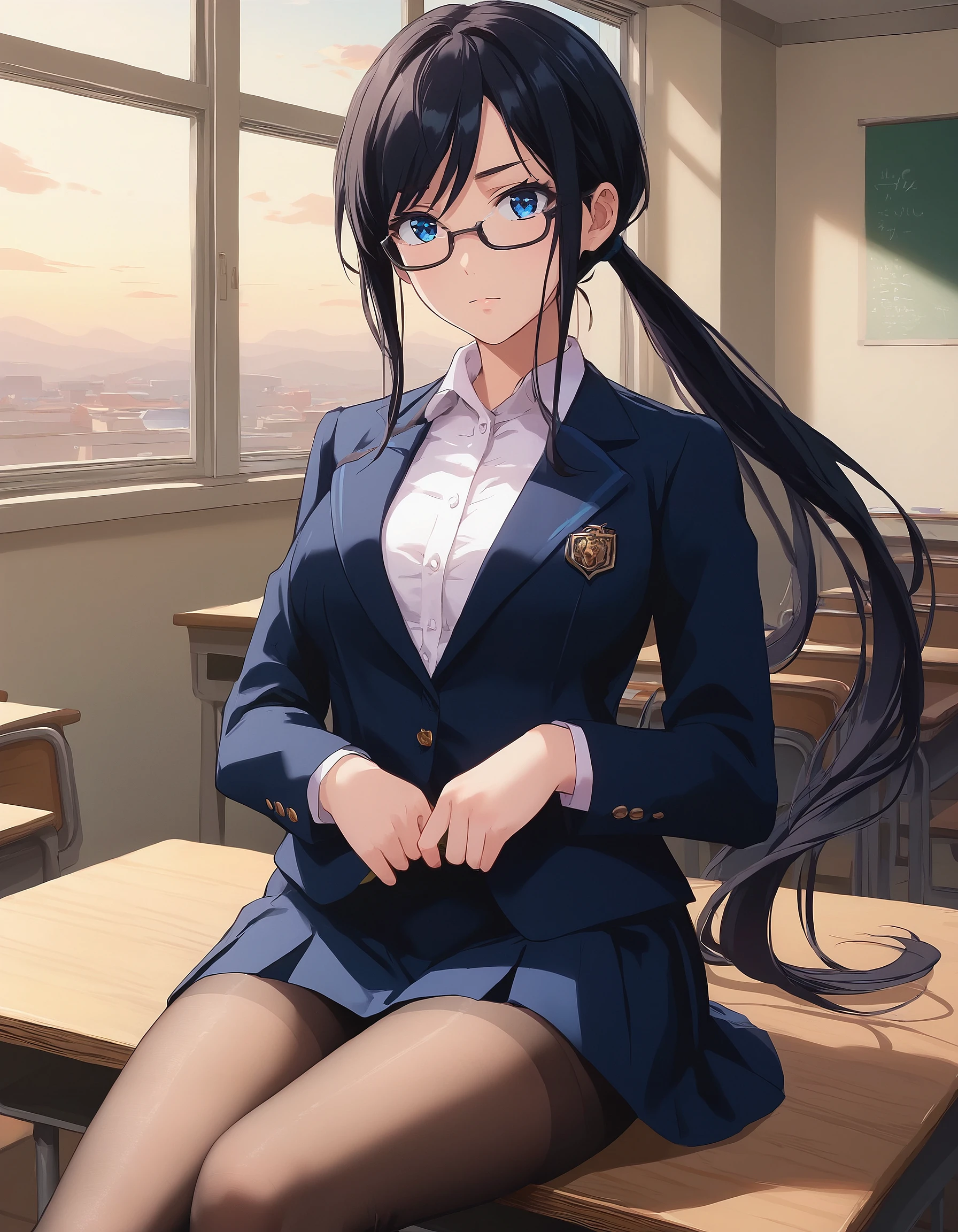 score_9, score_8_up, score_7_up, masterpiece, absurdres, source_anime, intricate,

1girl, TakamineAyako, blue eyes, glasses, black hair, long hair, twin pigtails, ponytail,
suit, white blouse, blue blazer, mini skirt, blue skirt, pantyhose,

classroom, sitting on desk,