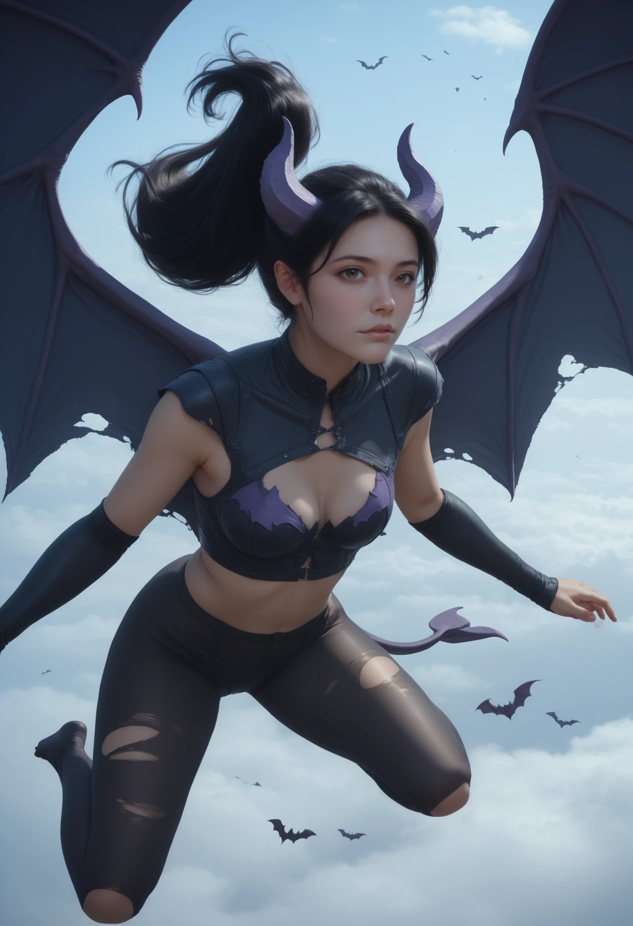 (((masterpiece))) , (((best quality))), 2d, 8k. 1 woman, succuba with succuba tail and bat wings, SeijSDXL <lora:SeijSDXL-000009:1>, eye view, upper body, flying, black mist