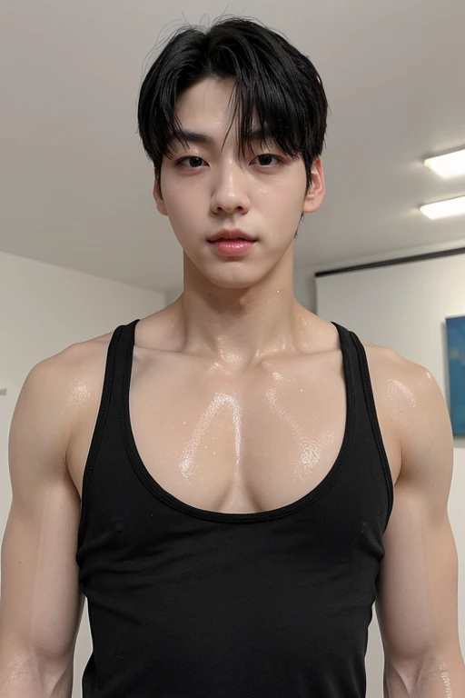 Jisoo, ripped muscle, muscular body, pale skin, smile(blush), nude, thin necklace, [ultra detailed skin:1.2], 8k uhd, full body, stand, sweat, cum on face, crowd, public, bathroom,