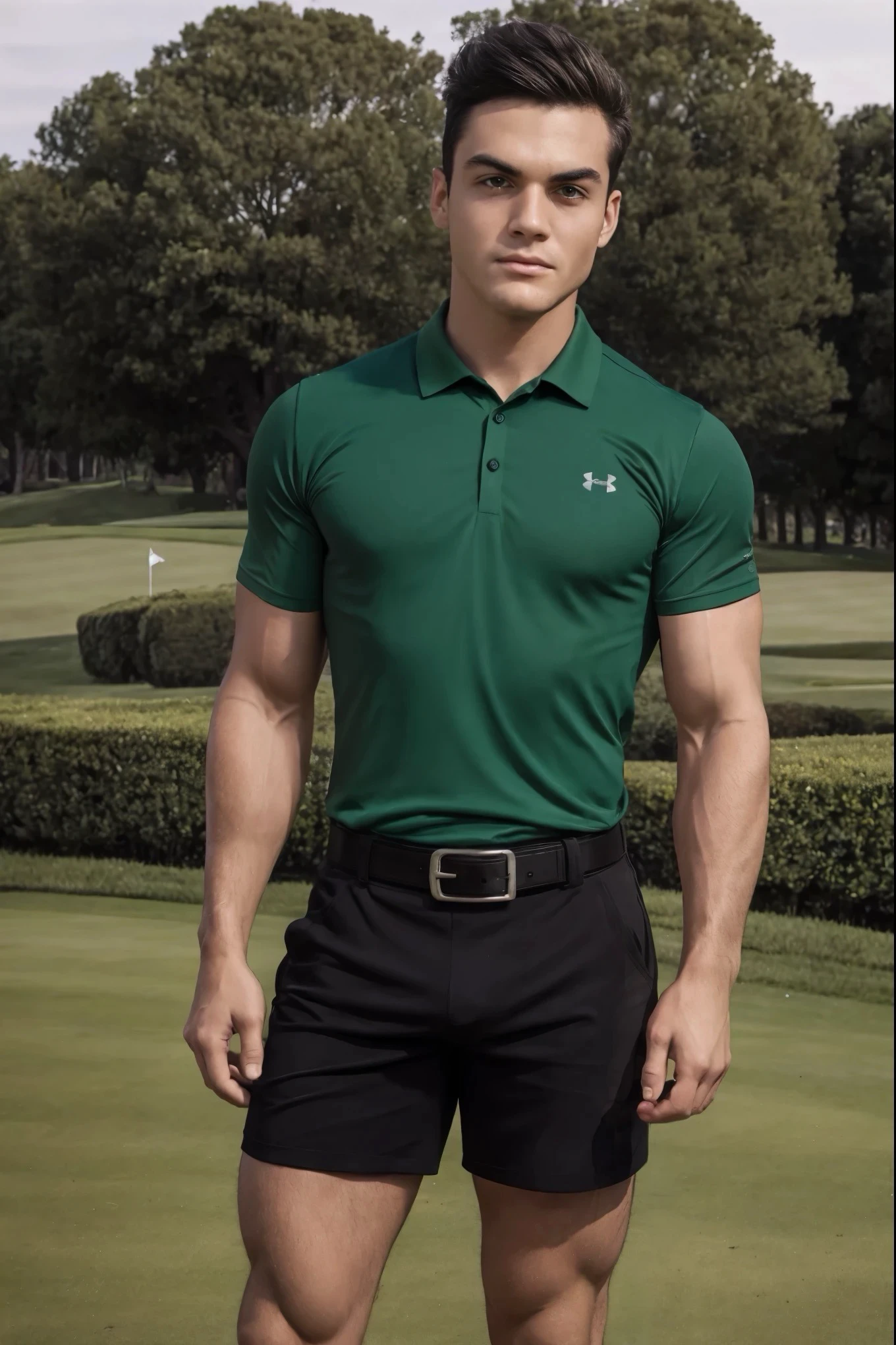 Grayson Dolan, ((wearing a tight green under armour golf polo shirt:1.2)), ((green golf polo shirt sleeves tight around his biceps:1.3)), ((wearing tight black shorts with black belt with a silver buckle:1.2)), black shorts+++, (standing on golf course), (golf course background:1.3), male focus, ((half body body image:1.2)), dramatic lighting, defined toned body, looking at the viewer, hazel eyes, short brown hair, confident, wide angle, ((clean shaven:1.2)),