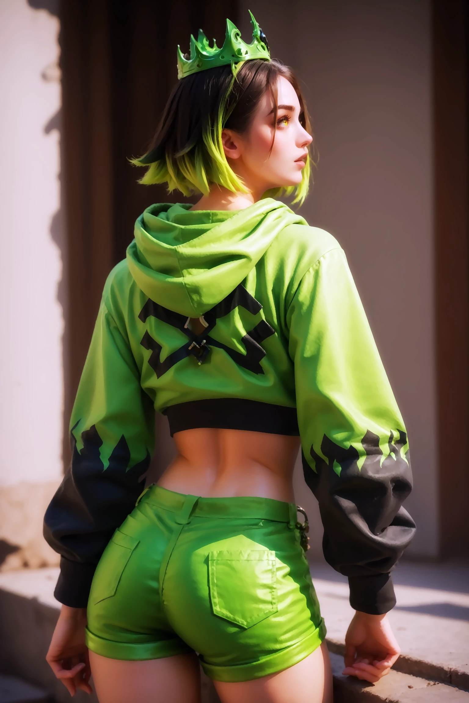 score_9, score_8_up, score_7_up, imtdpersephonefort, green eyes, green hair, from behind, ass, black hair, two-tone hair, multicolored hair, crown, short hair, green shorts, hood, hoodie, hood down, midriff, long sleeves. rating_questionable.
