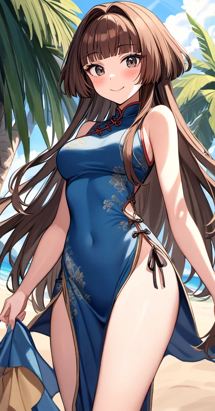 <lora:kuragecut_v1:1> ,kuragecut,1girl,solo,long_hair,very long hair,outdoors,sunny,day,beach,standing,cowboy shot, blush,smile,bangs,breasts,medium_breasts,brown hair,,black eyes,dress,chinese_clothes,side_slit, looking at viewer,hime_cut,hair intakes,from_below