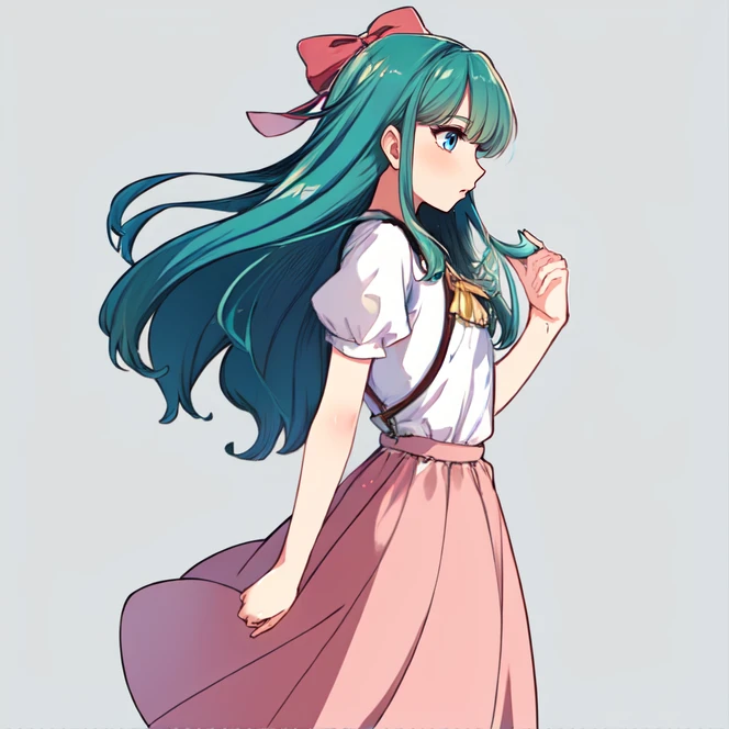 cowboy shot, solo, <lora:onoderaKaren:0.6>, onodera_karen, blue eyes, green hair, long hair, hair bow, bow, white shirt, short sleeves, puffy sleeves, vest, brown vest, pink skirt, long skirt, flat chest, side profile, from side, simple background, highres, Digital art, trending on artstation, best quality, insanely detailed, masterpiece, stunning environment, wide-angle,