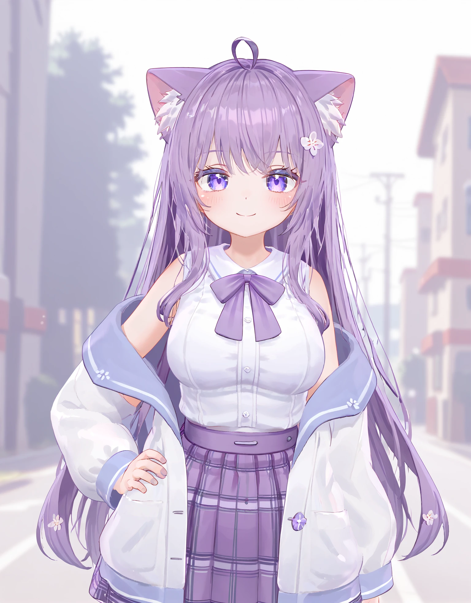 score_9, score_8_up,score_7_up,vrchat moe,moe_AA,1girl, solo, outdoors, thighhighs, purple skirt, jacket, shoes, sleeveless shirt, white shirt,  hair flower, purple bow, upper_body, light_smile, pov, hand_on_hip, 