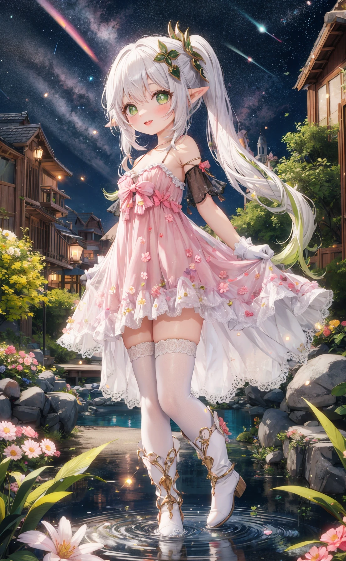 masterpiece,best quality,absurdres,
1girl,beautiful detailed girl,fine and beautiful detailed skin,nahida,white hair,(multicolored hair:1.1),side ponytail,hair ornament,green eyes,symbol-shaped pupils,pointy ears,dress,bow,hair bow,gloves,thighhighs,looking at viewer,white dress,outdoors,thigh boots,standing,ribbon,flower,smile,pink bow,full body,white gloves,architecture,night,(pink dress:1.1),
extremely detailed beautiful background,CG,8K wallpaper,sundress,Slightly_open_mouth,lipstick,parted_lips,collarbonea,unbuttoned clothes,perky breasts,see-through,branch,flower_bloom,entangled_plants,meteor shower,nature,hyper_galaxy,
ray tracing,reflection light,<lora:nahida:0.6>,