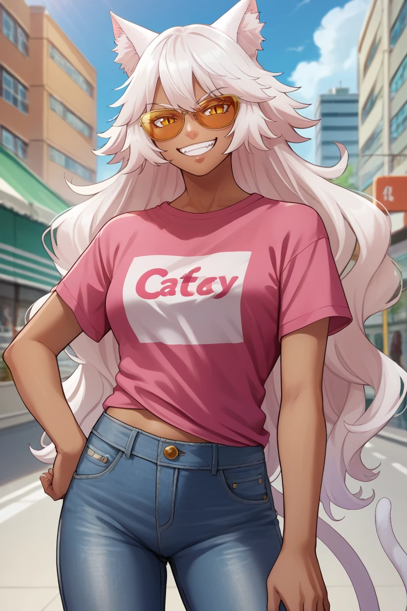 score_9, score_8_up, score_7_up, score_6_up, source_anime BREAK 1girl, solo  <lora:granart-pdxl-nvwls-v1-000005:1> granart, cat ears, dark-skinned woman, white hair, long hair, pink t-shirt, jeans, cat tail, hand on hip, sunglasses, looking at you, grin, city