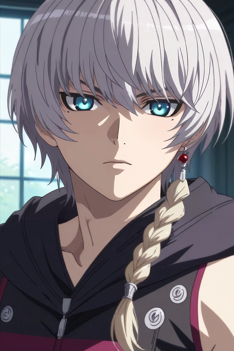 score_9, score_8_up, score_7_up, source_anime, rating_safe, intricate details, semi-realistic, , , 1boy, solo, male focus, <lora:alexander_nikolaevich_hell_pony:0.82>, alexander_nikolaevich_hell, grey hair, blue eyes, short hair, , braid, , , <lora:sdxl_lightning_8step_lora:1>