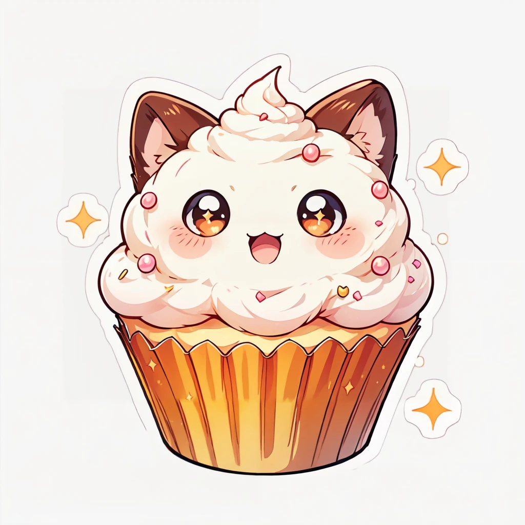 <lora:Kawaii:0.8>, solo, looking at viewer, blush, smile, open mouth, simple background, white background, brown eyes, no humans, sparkle, :3, transparent background, outline, cupcake,