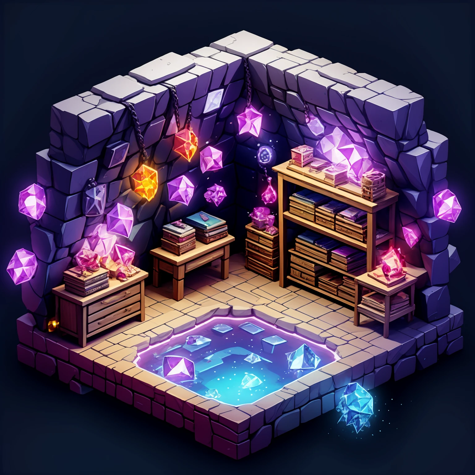 HEZI, game scene, Indoor scene, 45 degree scene, Cute style, treasure chest, crystal, no humans, book, black background, gem, chain, table, scenery, wooden floor, bookshelf, shelf, rug, indoors, chair, desk, faux figurine, potion, still life, wood, drawer, rock, bottle, skull, cabinet, stairs, crate, lantern