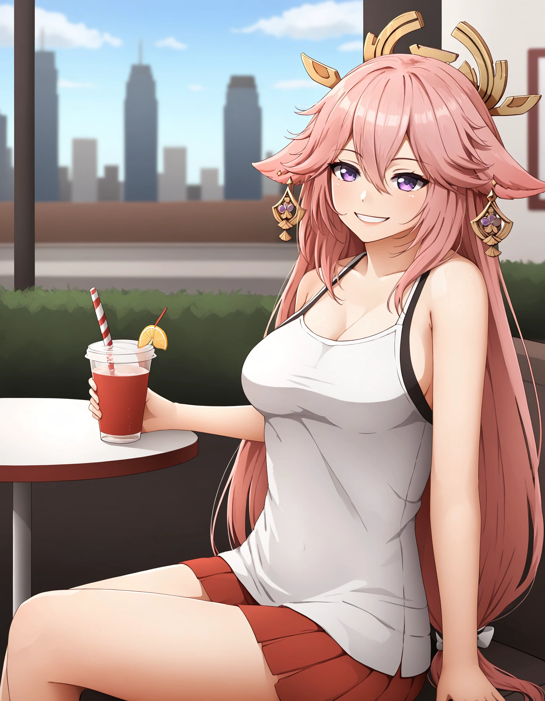 1girl, Yae Miko, Smirking, casual clothes, city background, sitting in a cafe, Sonri Style, <lora:8294491e-cc10-4e4f-acfb-babc55d0570f:0.7>