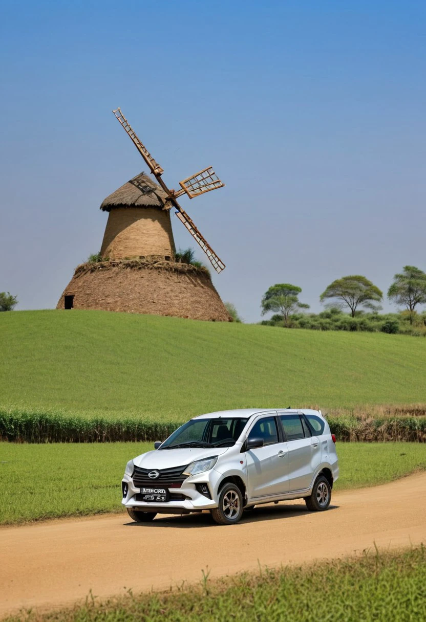 high resolution, best quality, Car, Daihatsu Sigra, Rural landscape, windmill, clear day,