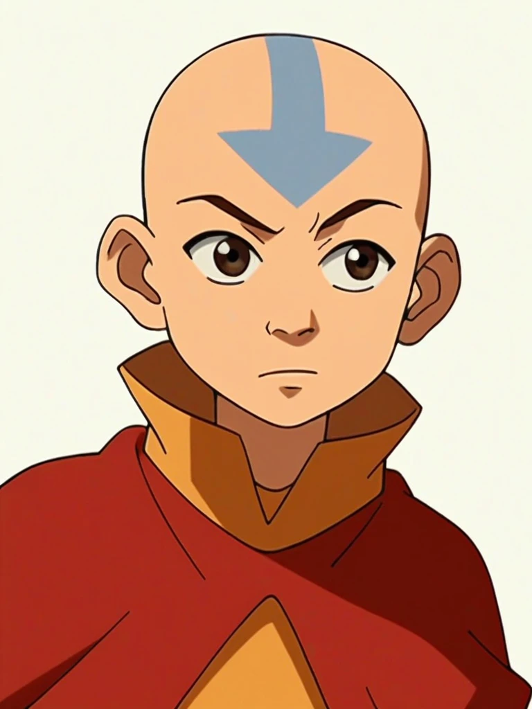 score_9, score_8_up, source_anime,
1boy, aang, bald, white-arrow forehead tattoo, tattoo,
solo,
1990s (style), film grain, anime screencap, flat color,
orange capelet, orange belt, upper body,
white background,
