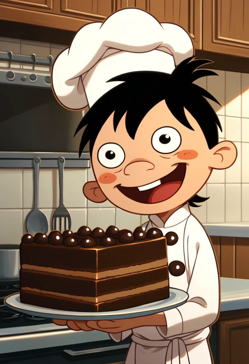 solo, score_9, score_8_up, score_7_up BREAK ChocoboyHA, 1boy, black hair, black eyes, chef outfit, chef hat, cowboy shot, happy, making chocolate cake, baking chocolate cake, solo focus, kitchen indoors, kitchen background, baking pastries, baking sweets,