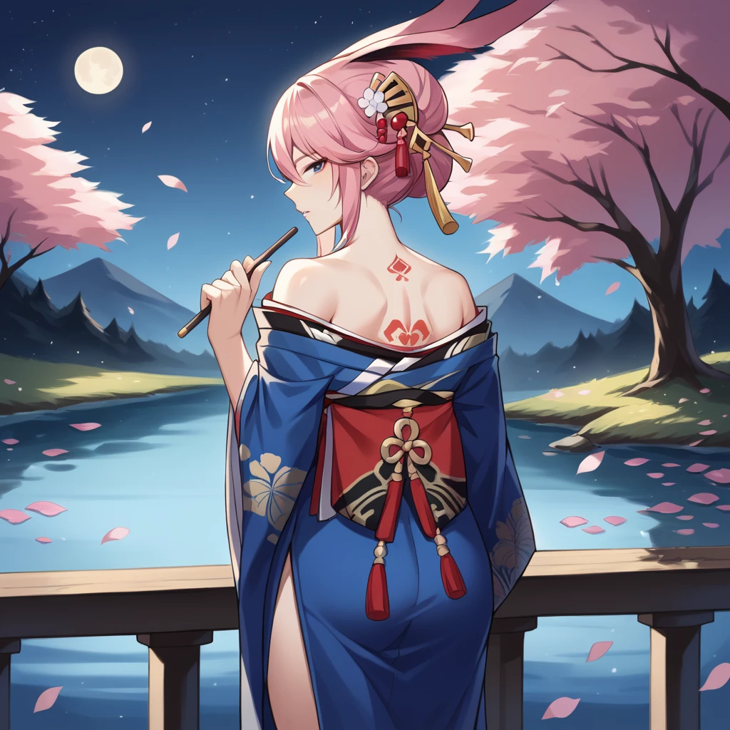 score_9_up, score_8_up, score_7_up, score_6up, source_anime, 1girl, solo, Yae_Sakura, Yae_JP, masterpiece, best quality, night time, moon, sakura trees, pink petals, standing on red bridge, from behind, holding smoking stick, river, hand on hip, looking back at you, seductive, parted lips, tattoo, long hair, pink hair, yae sakura, hair between eyes, fox ears, kimono, blue kimono, hair stick, hair bun, wide sleeves, short kimono, hair flower, hair ornament, bare shoulders, dynamic cowboy shot, mature body, outdoors, night time, starry sky, Japanese village background,