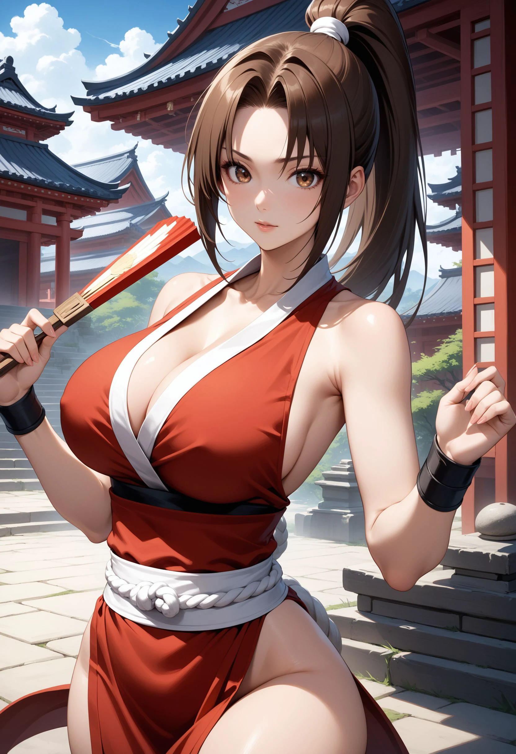 masterpiece, best quality, very aesthetic, absurdres,
1girl, shiranui mai, fatal fury, snk, the king of fighters, brown hair, brown eyes, high ponytail, very long hair, red dress, cleavage, large breasts, sleeveless, pelvic curtain, collarbone, sash, ninja, arm guard, hand fan, holding fan, looking at viewer, temple, outdoors,