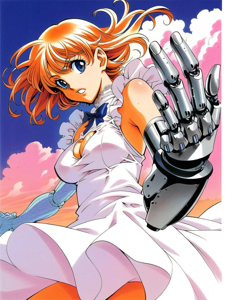 woman, manga ,dress, sexy figure, Cutout details, cyborg, prosthetic arm
 score_8_up <lora:Eyeshield21 Manga ft:1>